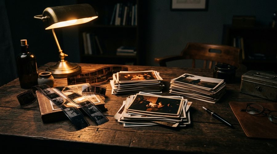 Tumpukan cetakan foto dan strip film negatif di atas meja kayu gelap yang disinari lampu hangat