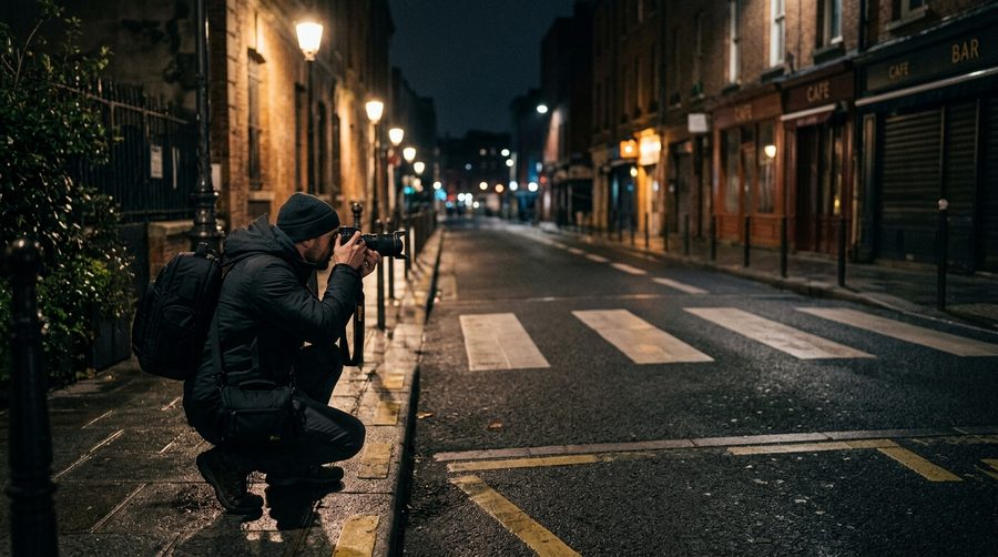 Fotografer berjongkok mengarahkan kamera ke zebra cross kosong sambil menunggu subjek muncul
