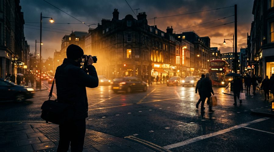 Siluet fotografer jalanan mengangkat kamerasnya di persimpangan kota saat senja keemasan